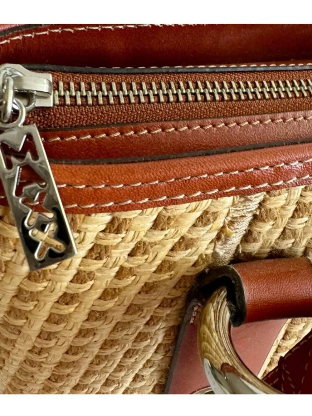 Maxx New York Woven Straw Tote with Brown Leather Trim